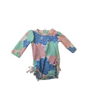 RuffleButts Swimsuit Baby Girl 3-6M Pink One Piece Rash Guard Long Sleeve Beach